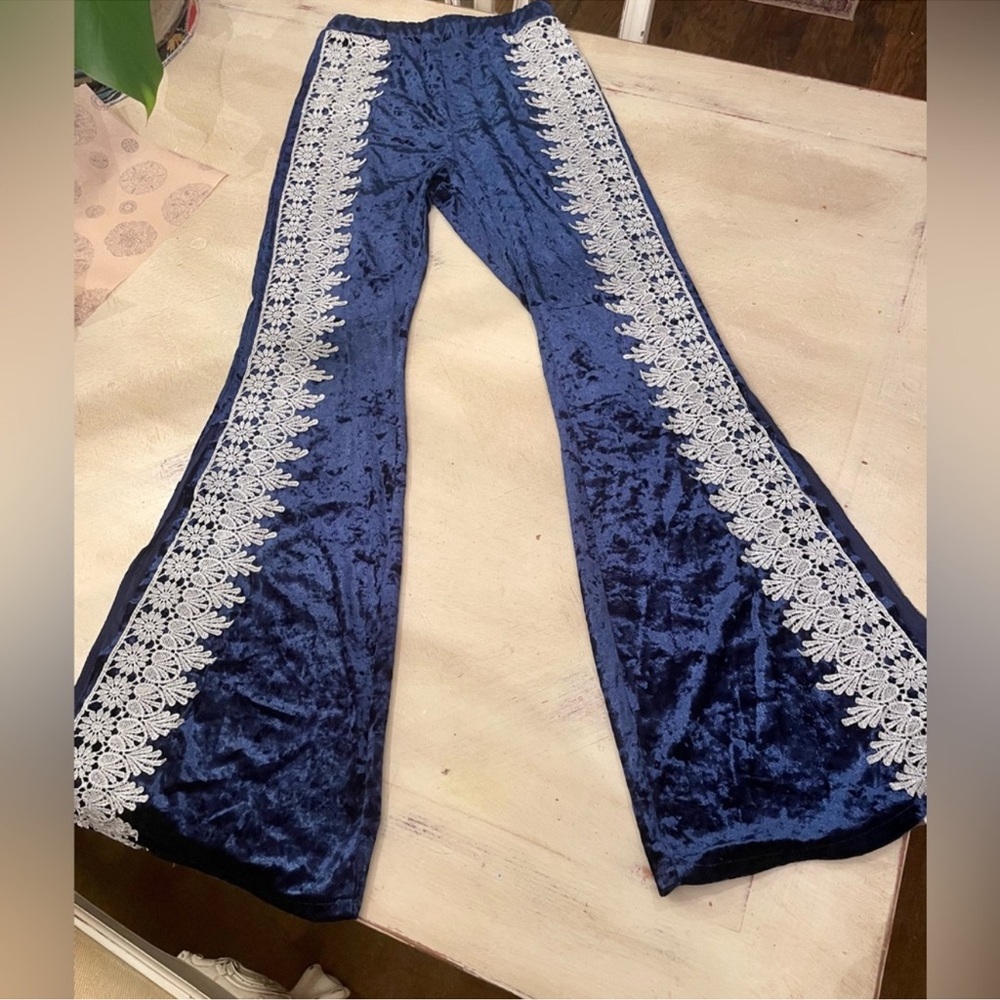 Embellished Free People blue Velvet Flare Pants with Silver Lace